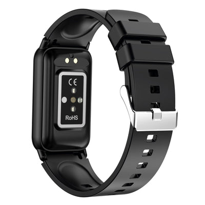 Montre connectée noire avec bracelet en silicone, capteurs de santé visibles au dos, conforme aux normes CE et RoHS. Accessoire high-tech moderne.