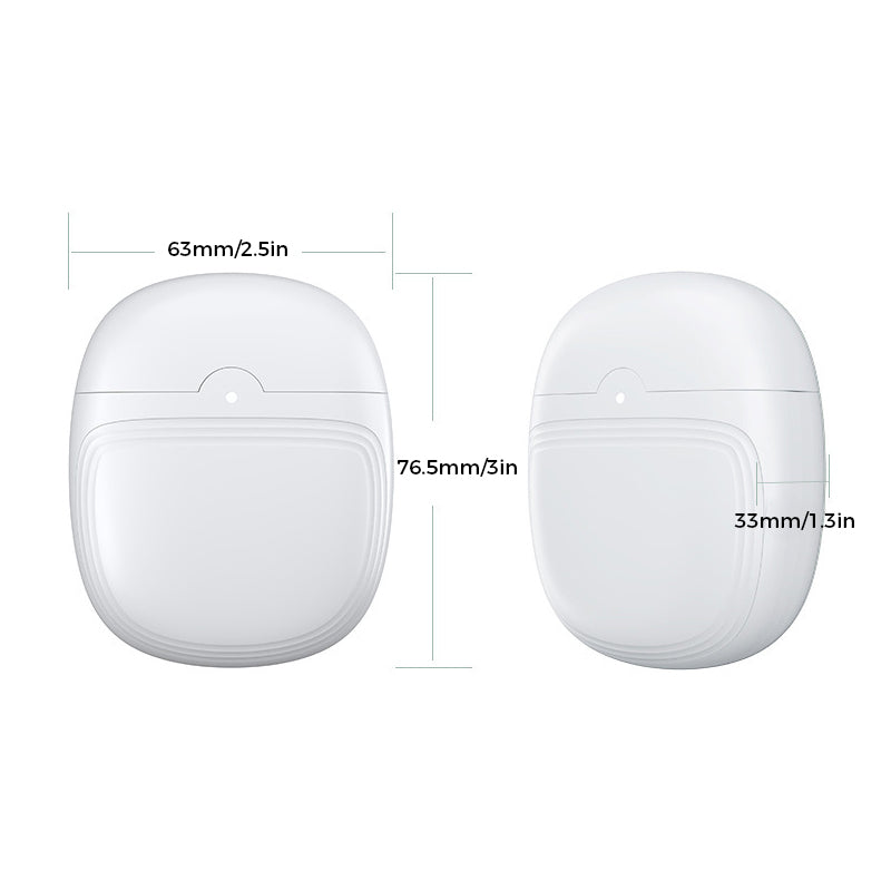 Boîtier blanc ovale avec dimensions: 63mm x 76.5mm x 33mm. Design compact, idéal pour accessoires électroniques. Accessoire moderne et pratique.