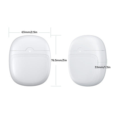 Boîtier blanc ovale avec dimensions: 63mm x 76.5mm x 33mm. Design compact, idéal pour accessoires électroniques. Accessoire moderne et pratique.