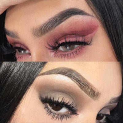 Maquillage yeux femme, ombre à paupières rose et marron, cils volumineux, sourcils définis, look glamour, tendance beauté 2023.