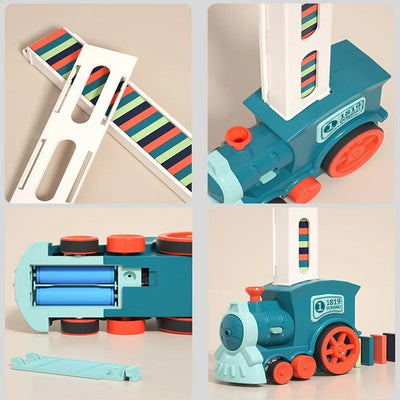 Jouet train bleu en plastique avec rails colorés, roues rouges et détails multicolores. Design éducatif pour enfants, développement motricité.