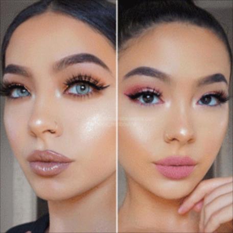 Deux portraits côte à côte d'une femme avec maquillage glamour, sourcils définis, fard à paupières, eyeliner, faux cils et rouge à lèvres nude et rose.