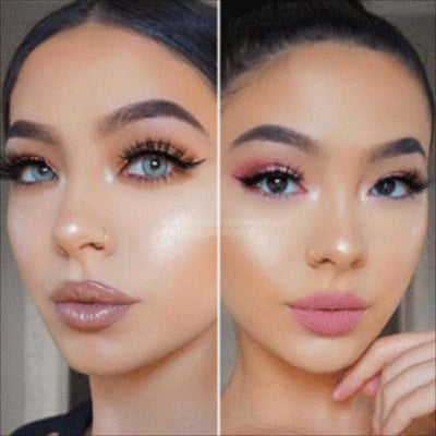Deux portraits côte à côte d'une femme avec maquillage glamour, sourcils définis, fard à paupières, eyeliner, faux cils et rouge à lèvres nude et rose.