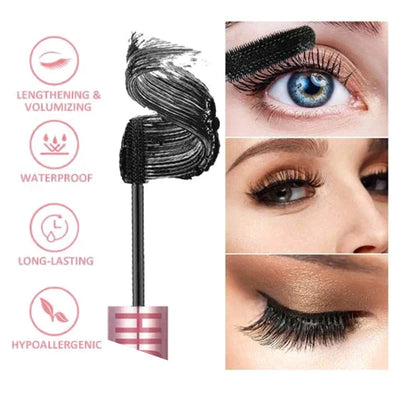Mascara noir allongeant et volumisant, imperméable, longue tenue, hypoallergénique, avec images démontrant l'effet sur les cils.