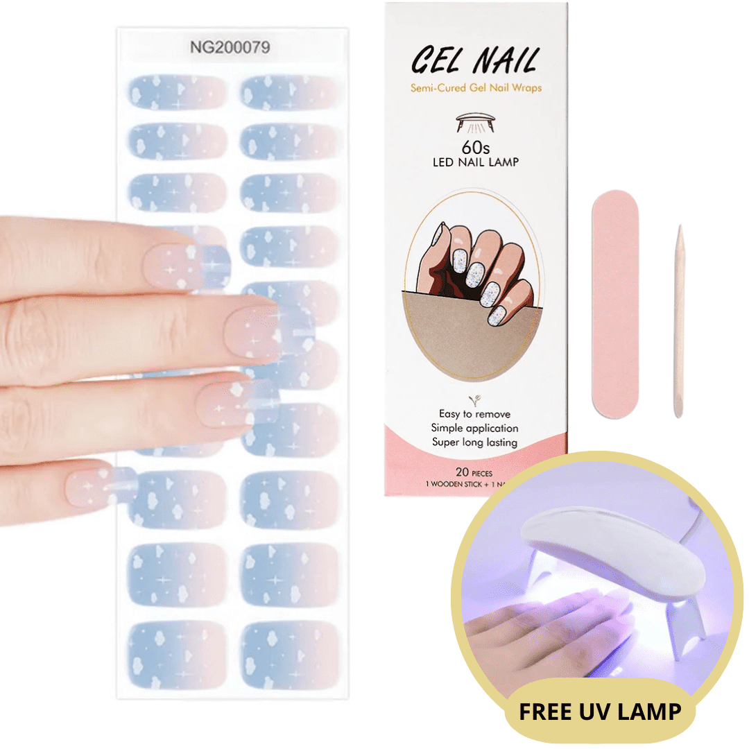Kit de manucure semi-permanente avec bandes de gel, lime, bâtonnet en bois et lampe UV gratuite. Application facile, longue tenue.