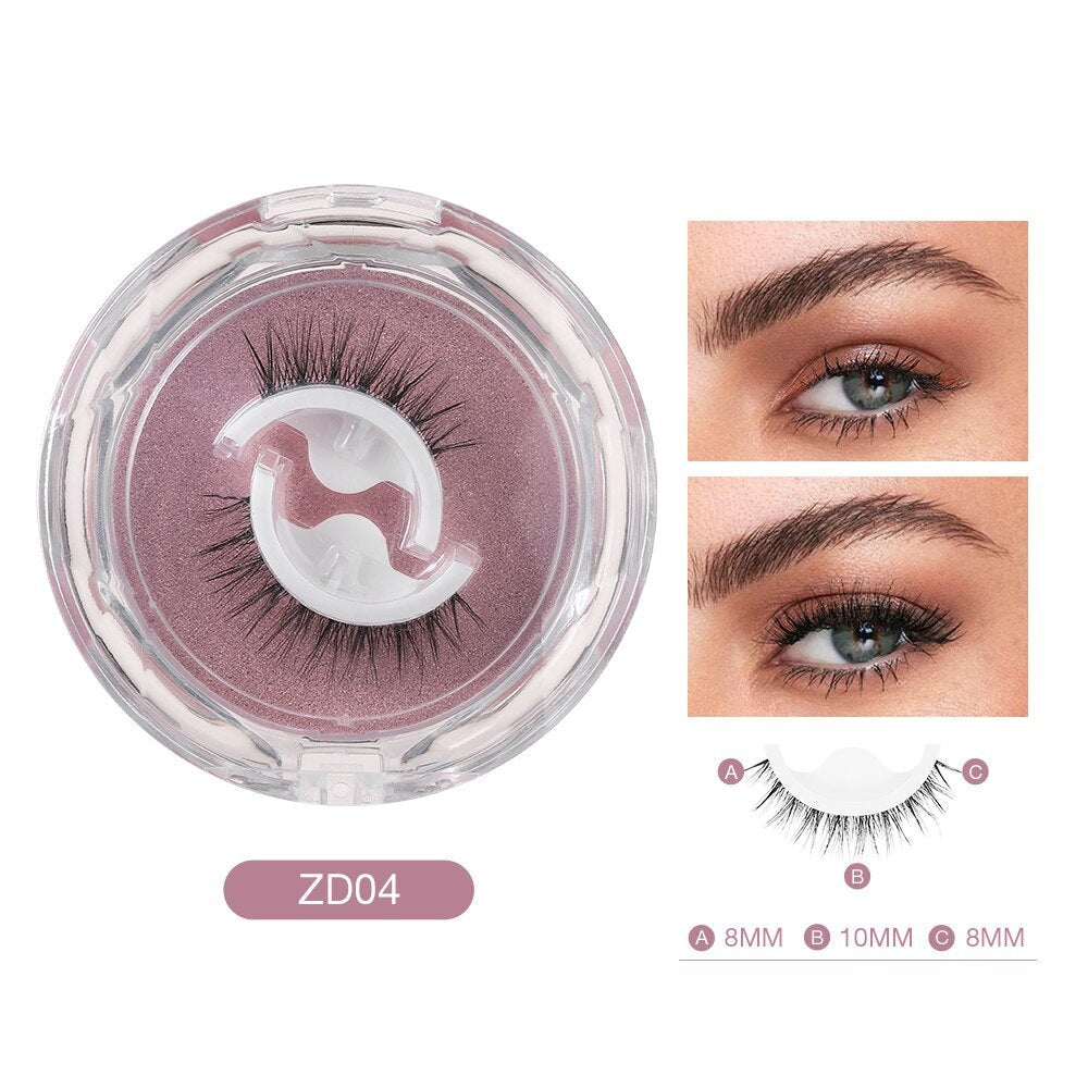 Faux cils magnétiques ZD04 en boîte rose, avec illustration de l'application sur yeux maquillés. Longueur variée: 8mm, 10mm. Accessoire beauté tendance.