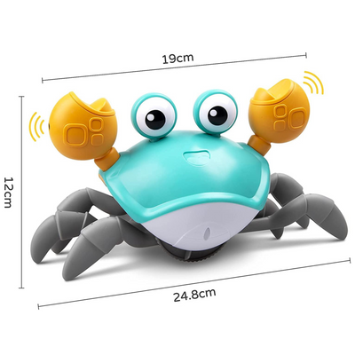 Jouet crabe interactif bleu et jaune avec pinces mobiles, yeux expressifs, dimensions 24,8x19x12 cm, idéal pour enfants, jeu éducatif amusant.