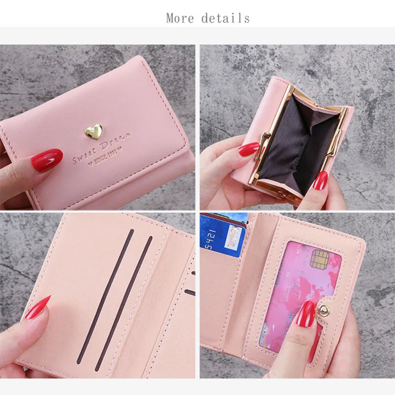 Portefeuille rose en cuir avec fermeture à bouton, compartiments pour cartes, porte-monnaie zippé, design élégant, idéal pour femmes.