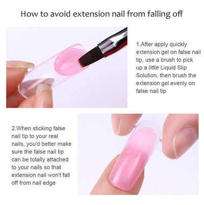 Image montrant l'application de gel d'extension sur un ongle en acrylique avec un pinceau, étape par étape pour éviter que l'ongle ne se détache.