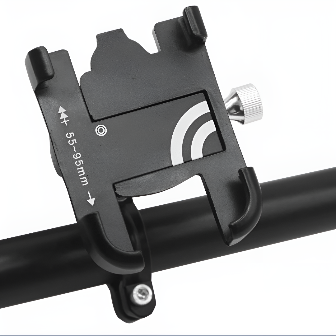 Support de téléphone pour vélo, réglable 55-95mm, en aluminium noir, fixation guidon, vis argentée, idéal pour cyclisme, navigation GPS.