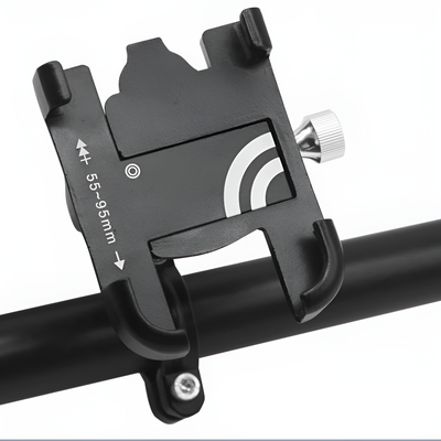 Support de téléphone pour vélo, réglable 55-95mm, en aluminium noir, fixation guidon, vis argentée, idéal pour cyclisme, navigation GPS.