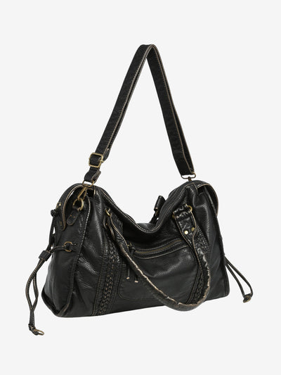 Sac à main en cuir noir élégant avec bandoulière réglable, détails dorés et poches zippées. Accessoire mode femme chic et pratique.