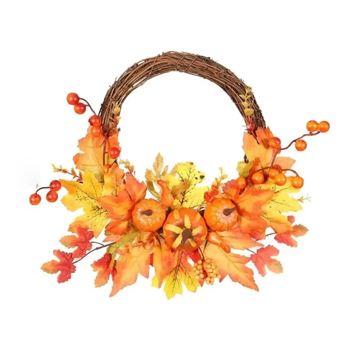 Couronne de feuilles d'érable avec citrouille - Décoration de porte d'automne