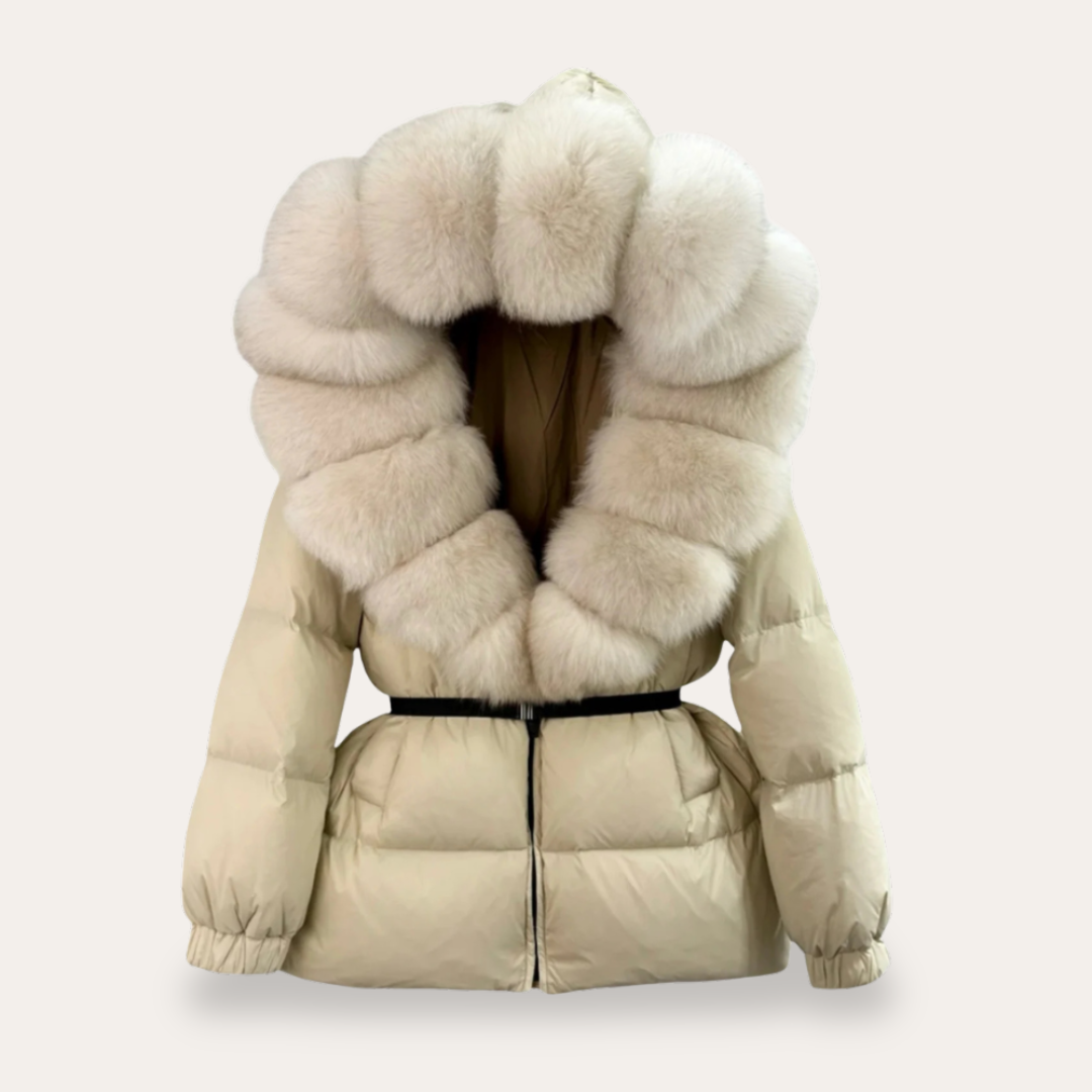 Jachetă Puffa pentru femei cu glugă și guler din blană sintetică