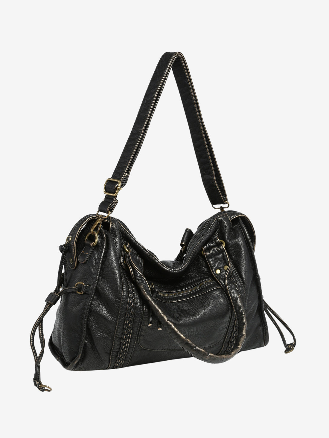 Sac à main en cuir noir élégant avec bandoulière réglable, détails dorés et poches zippées. Accessoire mode femme chic et pratique.