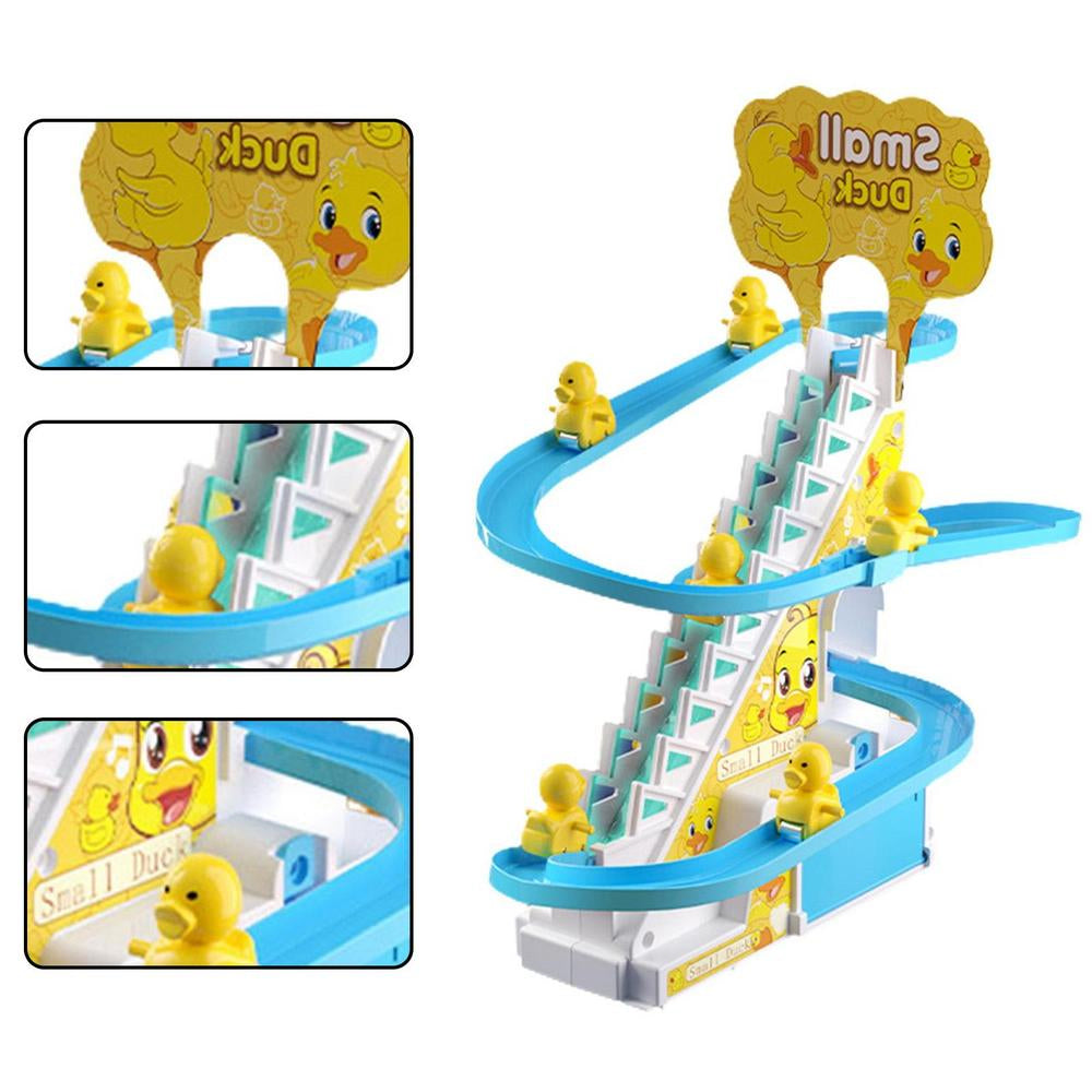 Jouet toboggan en plastique bleu avec canards jaunes, escalier et rampe en spirale. Jouet éducatif pour enfants, amusant et interactif.
