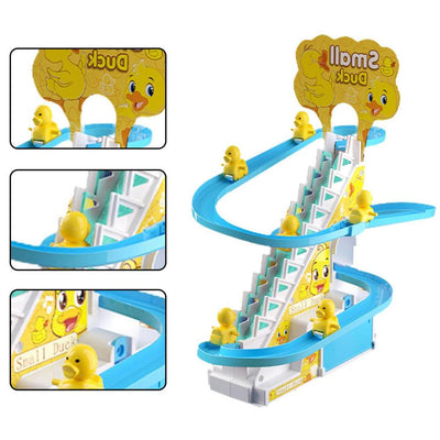 Jouet toboggan en plastique bleu avec canards jaunes, escalier et rampe en spirale. Jouet éducatif pour enfants, amusant et interactif.