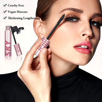 Femme appliquant mascara vegan et sans cruauté, tube rose, maquillage épaississant et allongeant, beauté, cosmétique, cils volumineux.