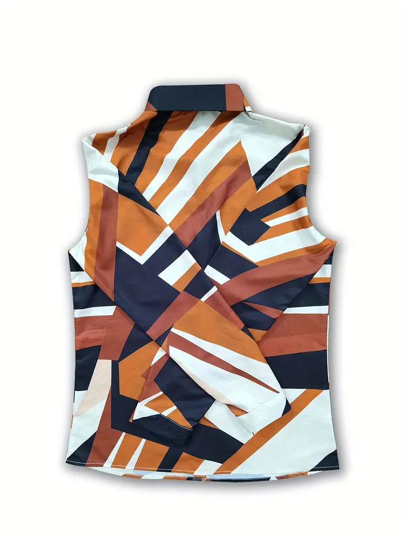 Gilet sans manches à motifs géométriques orange, blanc et noir, style moderne, mode tendance, vêtement unique, design abstrait.
