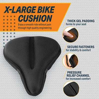 Coussin de vélo extra-large noir avec rembourrage en gel épais, attaches sécurisées et canal de décharge de pression pour confort et stabilité.