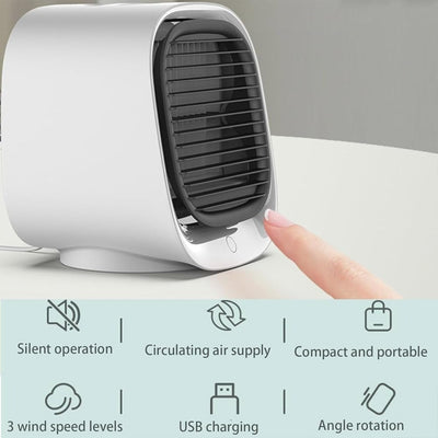 Ventilateur portable blanc avec commande tactile, alimentation USB, rotation d'angle, trois vitesses, fonctionnement silencieux, design compact.