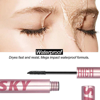 Femme avec mascara waterproof, yeux fermés sous l'eau. Tube de mascara rose "Sky High" en bas. Maquillage résistant à l'eau, longue tenue.
