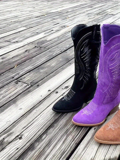 Botas vaqueras bordadas para mujer, punta puntiaguda y tacón medio