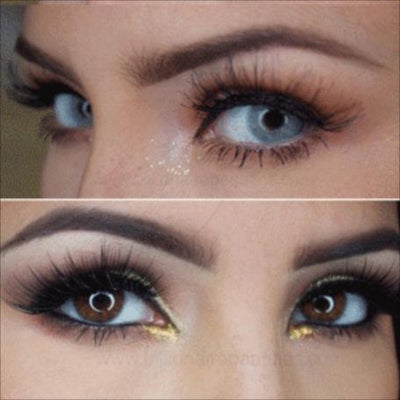 Deux paires d'yeux maquillés, l'une avec des yeux bleus et l'autre avec des yeux marron, mettant en valeur des cils volumineux et un fard à paupières doré.