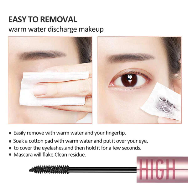 Femme retirant du maquillage des yeux avec un coton imbibé d'eau tiède, mascara visible sur le coton, démaquillage facile et rapide.