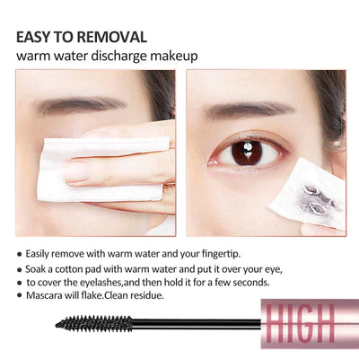Femme retirant du maquillage des yeux avec un coton imbibé d'eau tiède, mascara visible sur le coton, démaquillage facile et rapide.