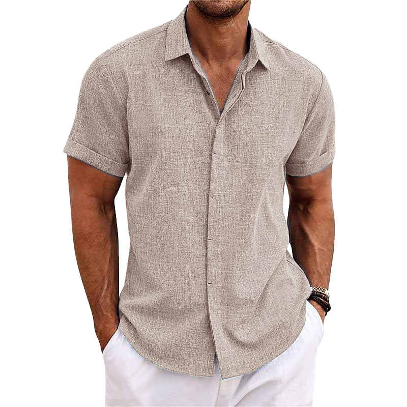Chemise homme - Fermeture par boutons - Mélange respirant de coton et de lin - Coupe régulière - Manches courtes