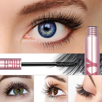 Gros plan d'un œil avec mascara volumisant, brosse à mascara en gros plan, cils longs et épais, maquillage des yeux, cosmétique beauté.