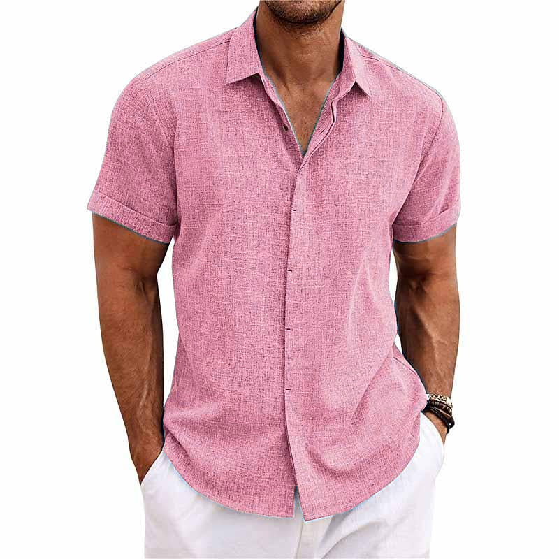 Chemise homme - Fermeture par boutons - Mélange respirant de coton et de lin - Coupe régulière - Manches courtes