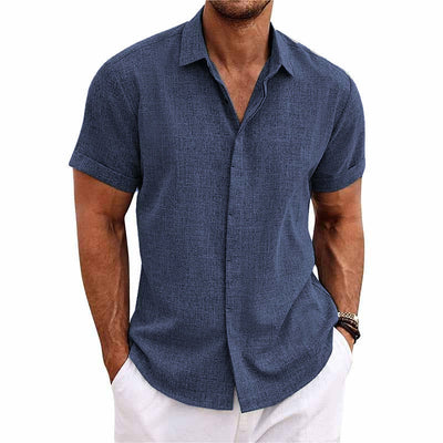 Chemise homme - Fermeture par boutons - Mélange respirant de coton et de lin - Coupe régulière - Manches courtes