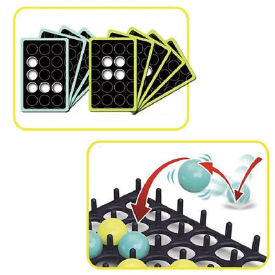Jeu de société stratégique avec grilles noires et billes colorées, montrant le mouvement des billes. Accessoires de jeu de réflexion pour enfants et adultes.