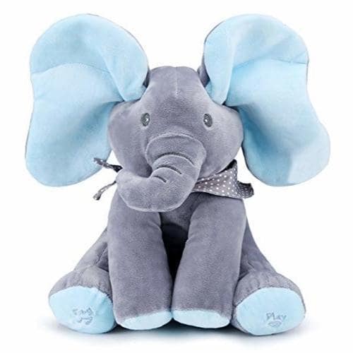Éléphant en peluche gris et bleu avec oreilles larges, nœud à pois, jouet doux pour enfants, cadeau bébé, décoration chambre enfant.