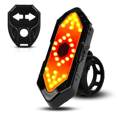 Feu arrière de vélo LED étanche avec télécommande, clignotants orange, design hexagonal, sécurité cycliste, accessoires vélo haute visibilité.