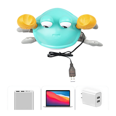 Jouet crabe interactif bleu avec yeux mobiles, pinces jaunes, câble USB. Compatible avec power bank, ordinateur portable, chargeur mural.
