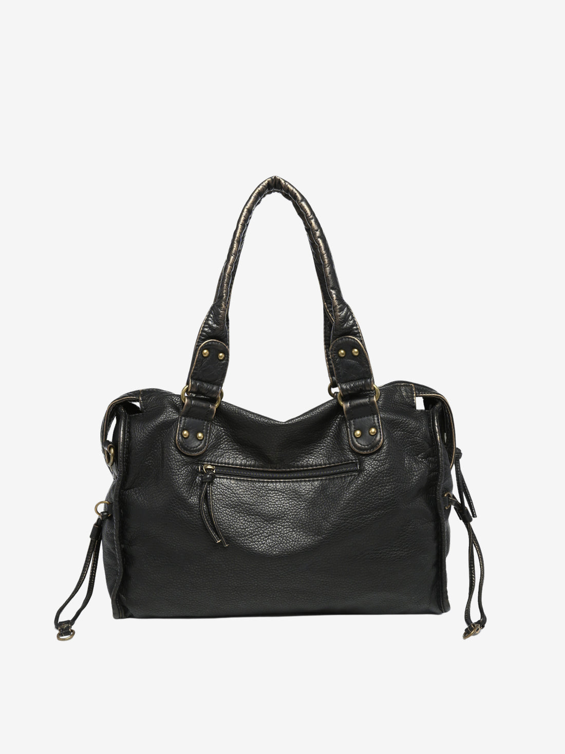 Sac à main en cuir noir avec poignées doubles, détails métalliques dorés et poche zippée avant. Accessoire mode élégant et pratique pour femme.