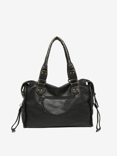 Sac à main en cuir noir avec poignées doubles, détails métalliques dorés et poche zippée avant. Accessoire mode élégant et pratique pour femme.