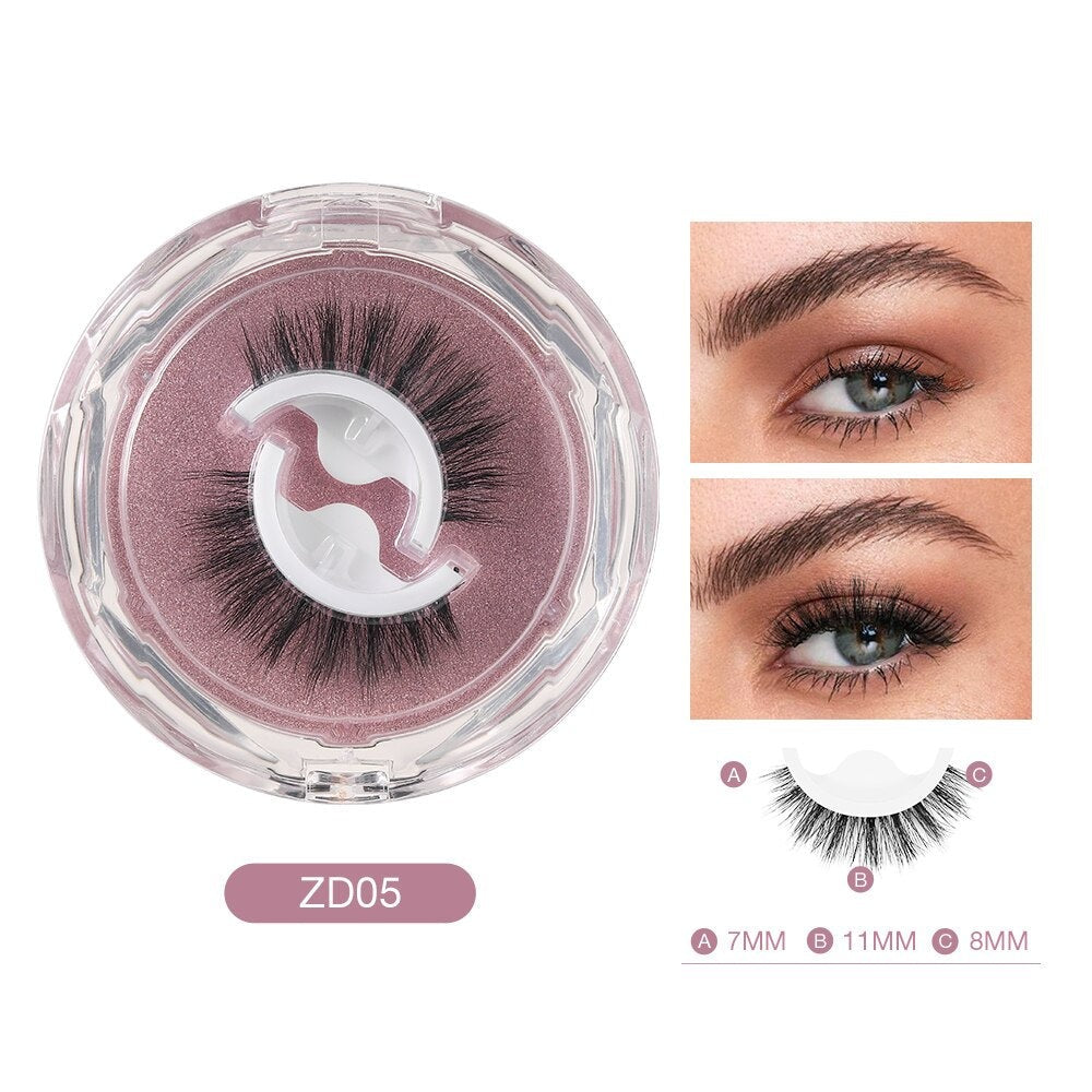 Faux cils magnétiques ZD05 en boîte ronde transparente, avec illustration de cils portés. Longueurs variées: 7mm, 11mm, 8mm. Accessoire beauté yeux.