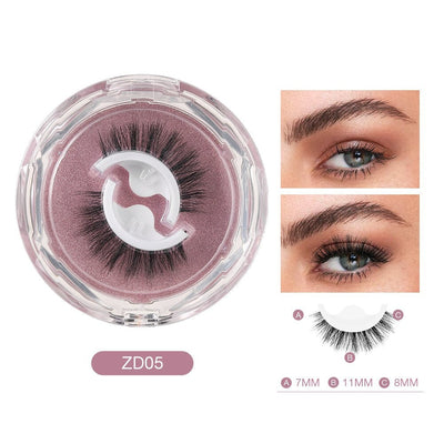 Faux cils magnétiques ZD05 en boîte ronde transparente, avec illustration de cils portés. Longueurs variées: 7mm, 11mm, 8mm. Accessoire beauté yeux.