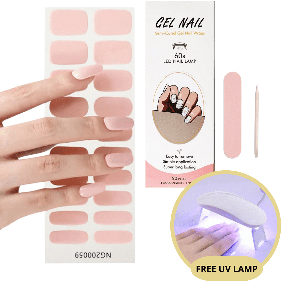 Ongles en gel semi-permanents avec lampe LED UV, autocollants roses, lime à ongles, bâtonnet en bois, manucure facile et durable.