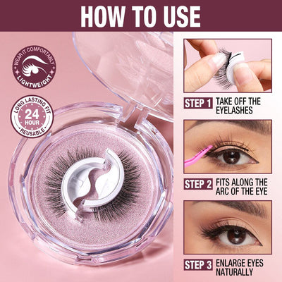 Boîte à cils magnétiques avec instructions d'application : retirer, ajuster sur l'arcade sourcilière, agrandir les yeux. Léger, réutilisable, 24h.