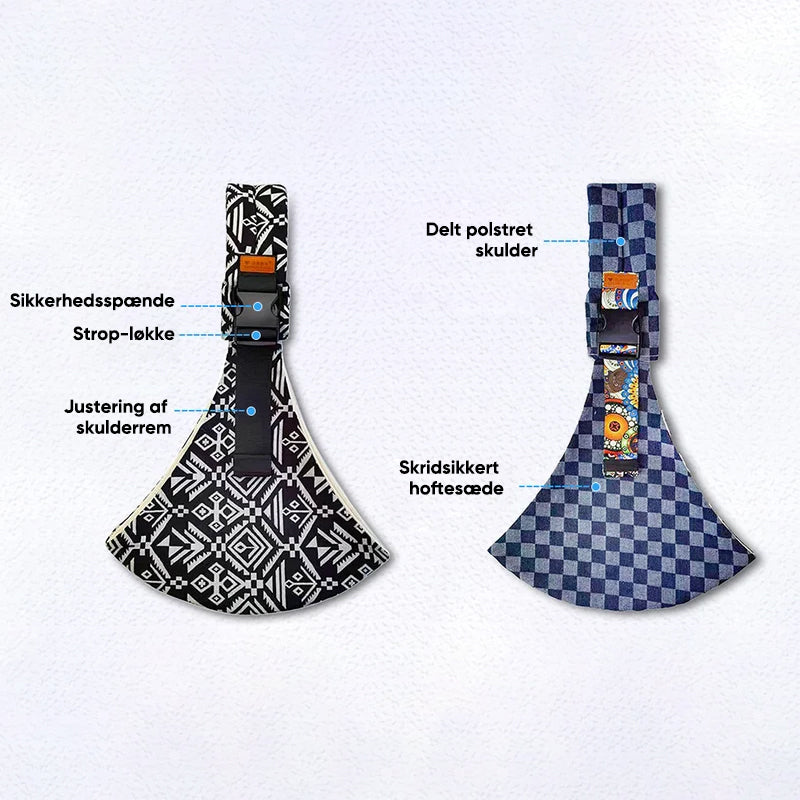 Deux porte-bébés ergonomiques avec motifs géométriques, noir et blanc à gauche, bleu à carreaux à droite, avec sangles ajustables et boucles de sécurité.