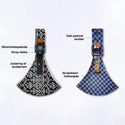 Deux porte-bébés ergonomiques avec motifs géométriques, noir et blanc à gauche, bleu à carreaux à droite, avec sangles ajustables et boucles de sécurité.