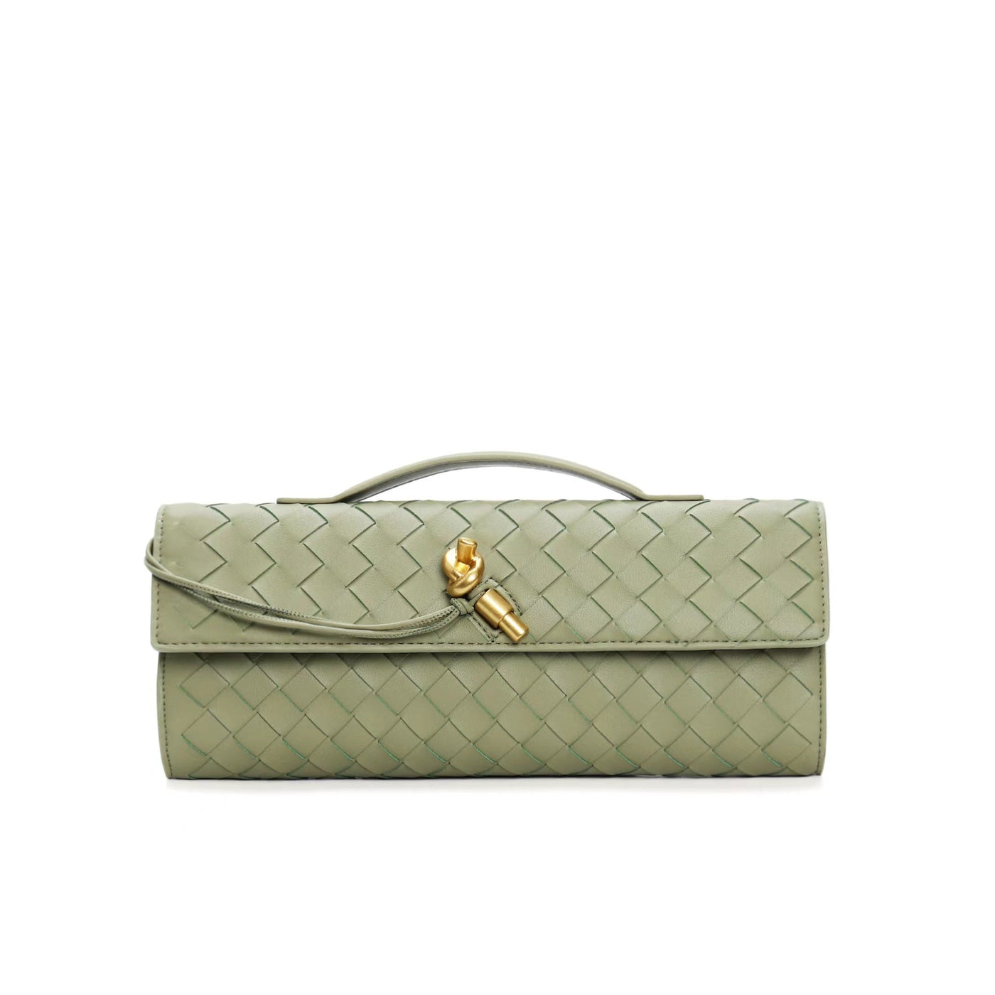 Sac à main vert tressé en cuir avec fermoir doré, design élégant et moderne. Accessoire de mode tendance pour femme.