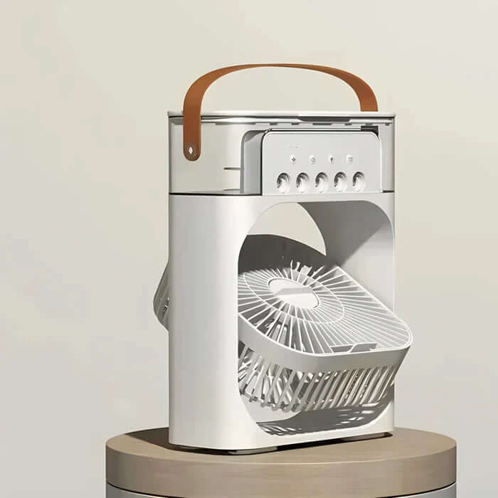 Ventilateur portable moderne avec poignée en cuir, design minimaliste, posé sur une table. Idéal pour la maison ou le bureau, compact et élégant.