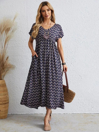 Aganietta - Nouvelle robe vintage à col en V en lin et coton