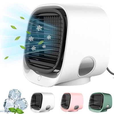 Mini climatiseur portable blanc avec ventilation, flocons de neige et feuilles illustrant la fraîcheur. Modèles disponibles en blanc, rose et vert.